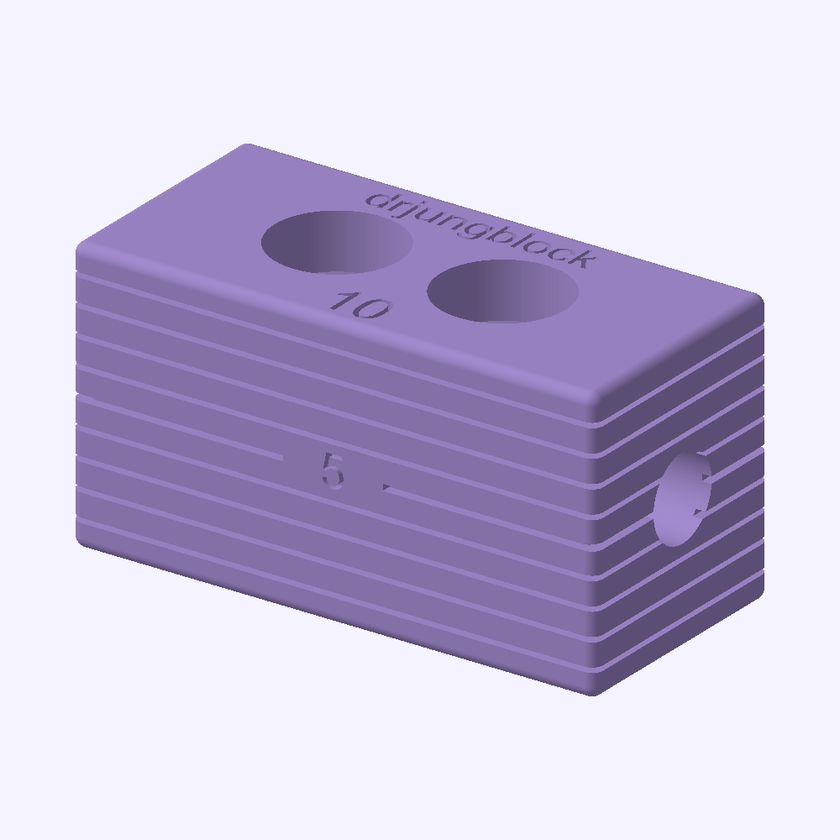 Jungblock 10 mm — angled preview rendered from the downloadable STL, showing the top and side holes