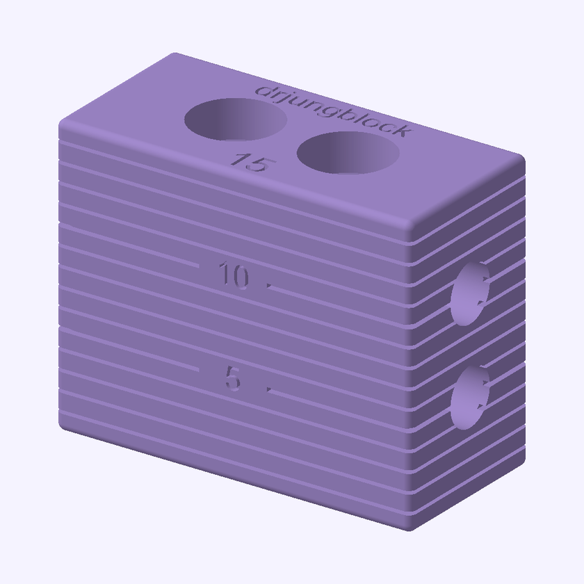 Jungblock 15 mm — angled preview rendered from the downloadable STL, showing the top and side holes