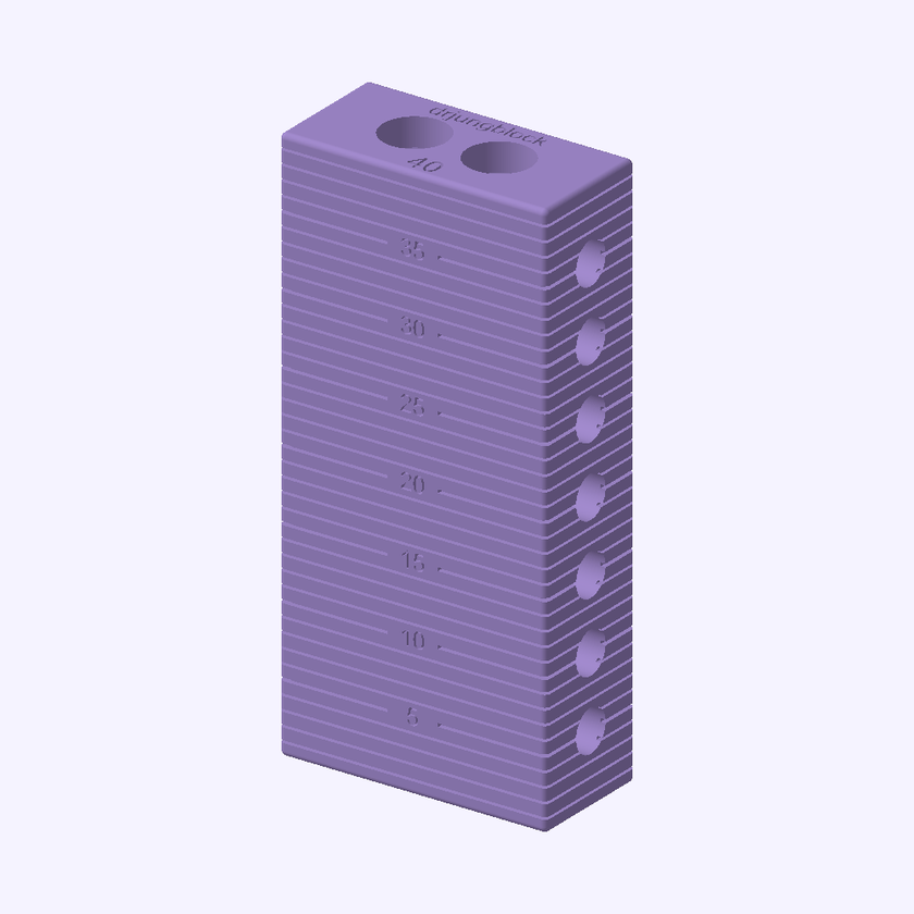 Jungblock 40 mm — angled preview rendered from the downloadable STL, showing the top and side holes